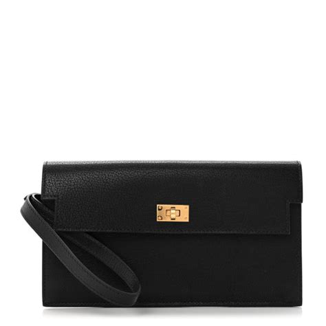 HERMES Chevre Chamkila Kelly Pocket Long Wallet Black .